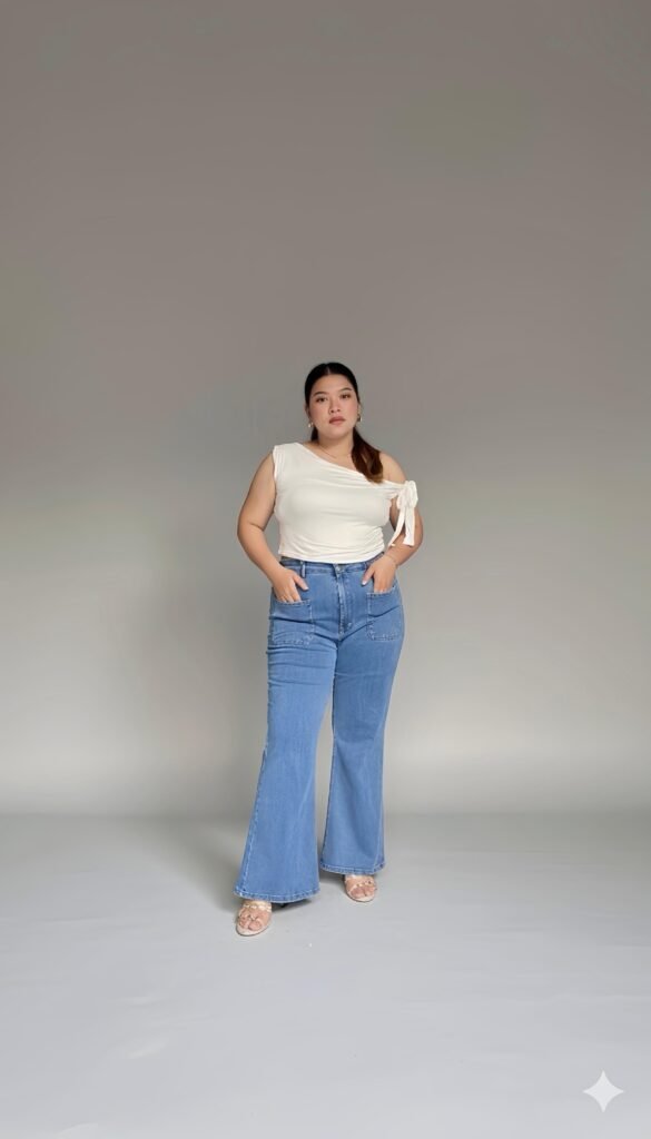 Jeans Cutbray Saku Depan Kancing Wanita Plus-Size High-Waist Strech