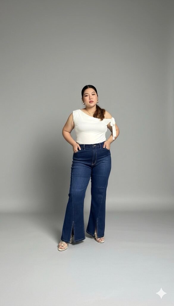 Jeans Cutbray Belah Wanita Plus-Size High-Waist Strech