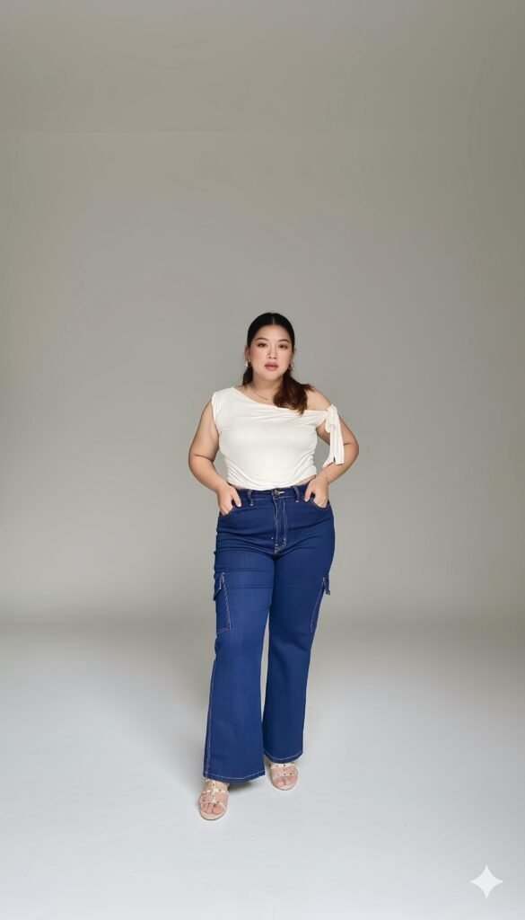Jeans Cutbray Cargo Wanita Plus-Size High-Waist Strech