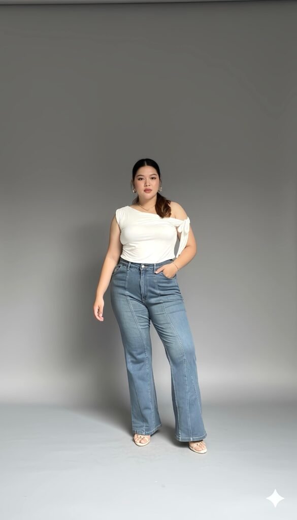 Jeans Retro Flare Cutbray Wanita Plus-Size High-Waist Strech
