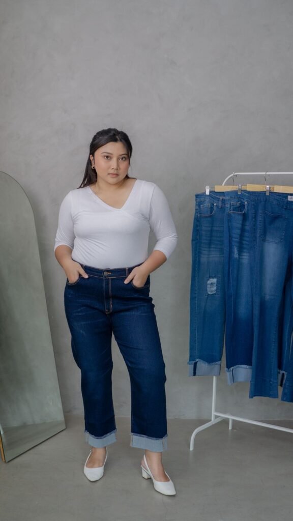 Jeans Skit Terbalik Wanita Plus-Size High-Waist Strech