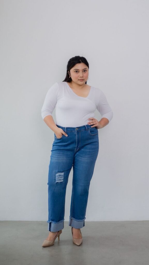 Jeans Ripped Boyfriend Wanita Plus-Size High-Waist Strech